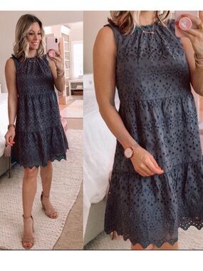 LOFT Charcoal Gray/blie Eyelet Tiered Mini Dress